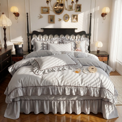 91家纺网 家纺一手货源 找家纺 （总）漫布云2026春夏新品韩版公主风超柔水洗棉床盖四件套刺绣针织棉双层纱纯棉棉麻全棉公主风床盖款四件套