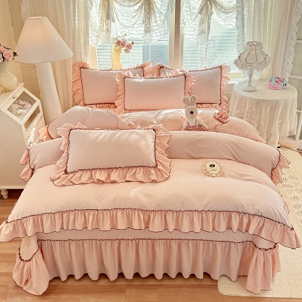 91家纺网 家纺一手货源 找家纺 漫布云2026新款PE高分子立体樱桃凉感丝花边床裙款冰豆豆凉席床盖三件套 可可-梦幻蓝 