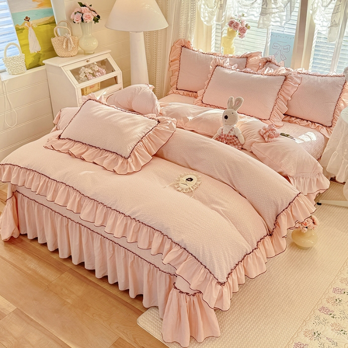 91家纺网 家纺一手货源 找家纺 （总）漫布云2026春夏新品韩版公主风超柔水洗棉床盖四件套刺绣针织棉双层纱纯棉棉麻全棉公主风床盖款四件套