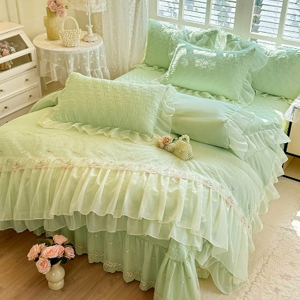 91家纺网 家纺一手货源 找家纺 （总）苏米娜2026春夏新品韩版公主风小清新水洗棉床盖四件套针织棉双层纱纯棉棉麻全棉公主风床盖款四件套
