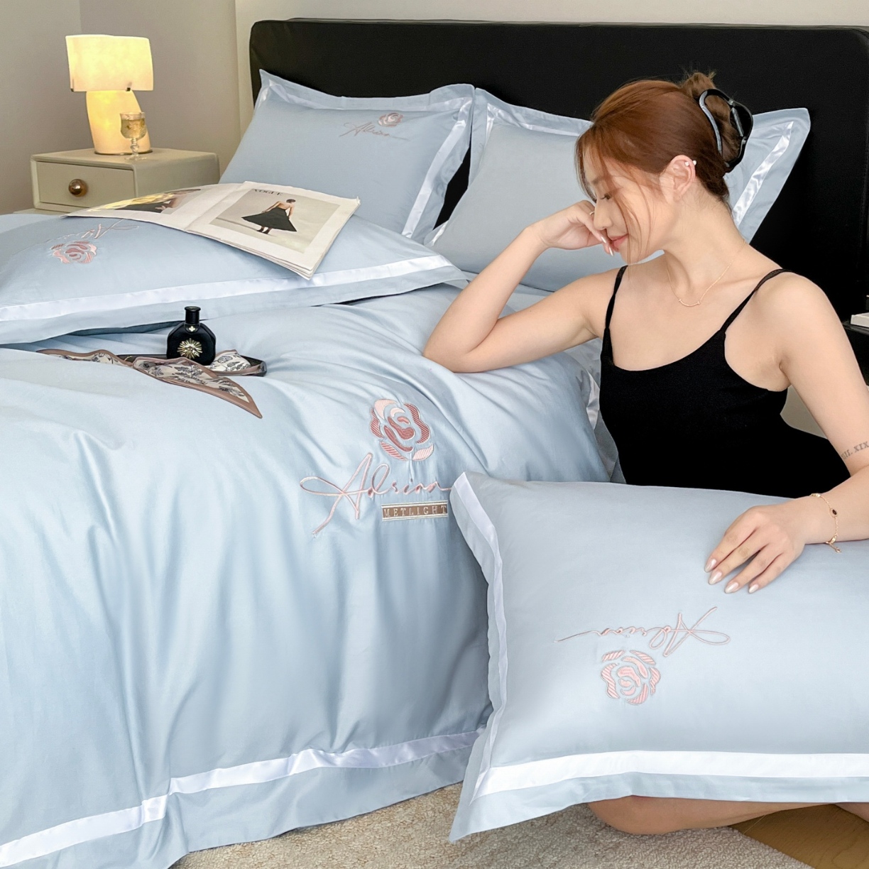 91家纺网 家纺一手货源 找家纺 （总）新方向 【控价 提供买家秀】2026新款刺绣50s双股全棉贡缎长绒棉四件套-茶花开了（控价 标准328元 加大348元）