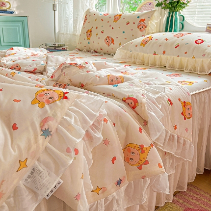 91家纺网 家纺一手货源 找家纺 （总）2026新款印花冰丝凉席夏被四件套凉感丝夏被花边床裙凉席套件冰感丝凉席三件套