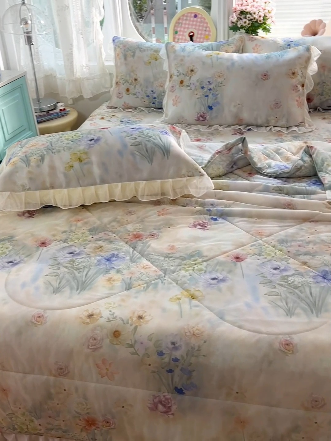 91家纺网 家纺一手货源 找家纺 （总）2026新款印花冰丝凉席夏被四件套凉感丝夏被花边床裙凉席套件冰感丝凉席三件套