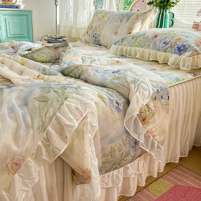 91家纺网 家纺一手货源 找家纺 （总）2026新款印花冰丝凉席夏被四件套凉感丝夏被花边床裙凉席套件冰感丝凉席三件套