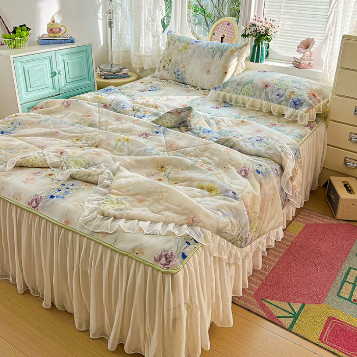 91家纺网 家纺一手货源 找家纺 （总）2026新款印花冰丝凉席夏被四件套凉感丝夏被花边床裙凉席套件冰感丝凉席三件套