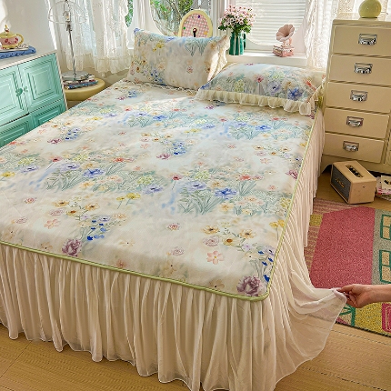 91家纺网 家纺一手货源 找家纺 （总）2026新品冰丝凉席四件套印花凉感冰感丝席子三件套花边床裙凉席套件