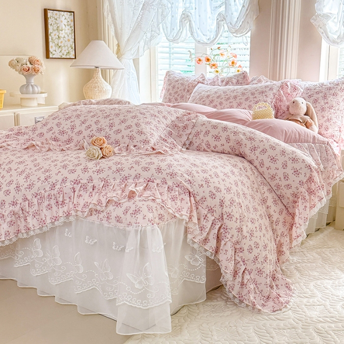 91家纺网 家纺一手货源 找家纺 苏米娜家纺 2026春夏新款超柔云朵棉古法水洗棉床盖款四件套--小清新系列 花开半夏  