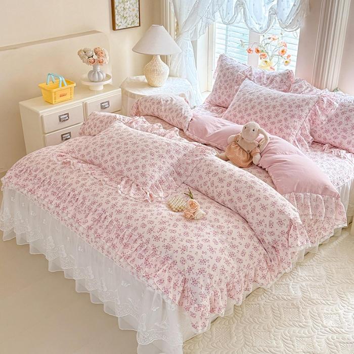 91家纺网 家纺一手货源 找家纺 苏米娜家纺 2026春夏新款超柔云朵棉古法水洗棉床盖款四件套--小清新系列 花开半夏  