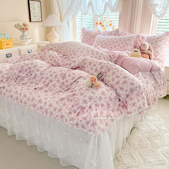 91家纺网 家纺一手货源 找家纺 苏米娜家纺 2026春夏新款超柔云朵棉古法水洗棉床盖款四件套--小清新系列 花开半夏  