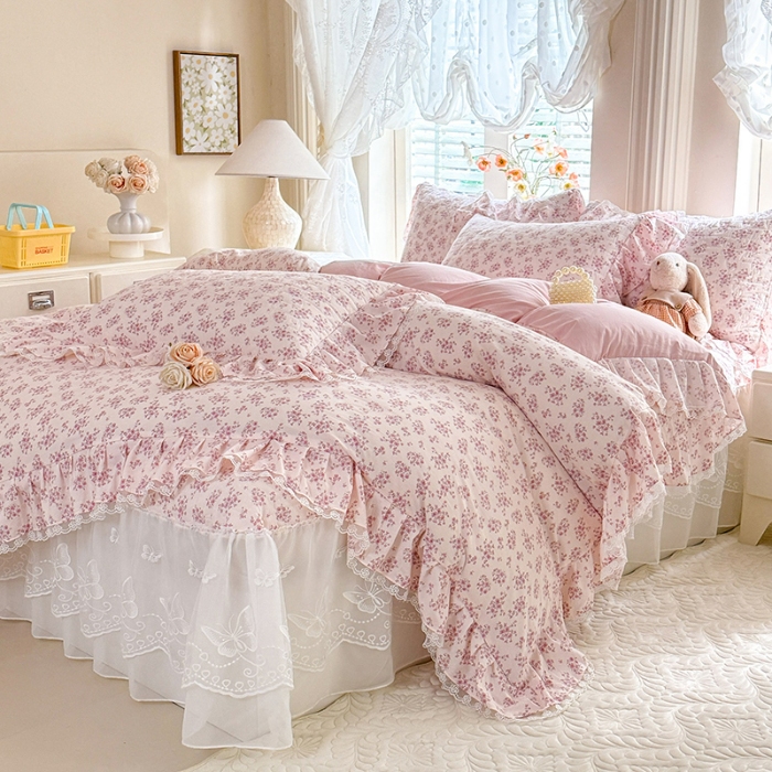 91家纺网 家纺一手货源 找家纺 苏米娜家纺 2026春夏新款超柔云朵棉古法水洗棉床盖款四件套--小清新系列 花开半夏  