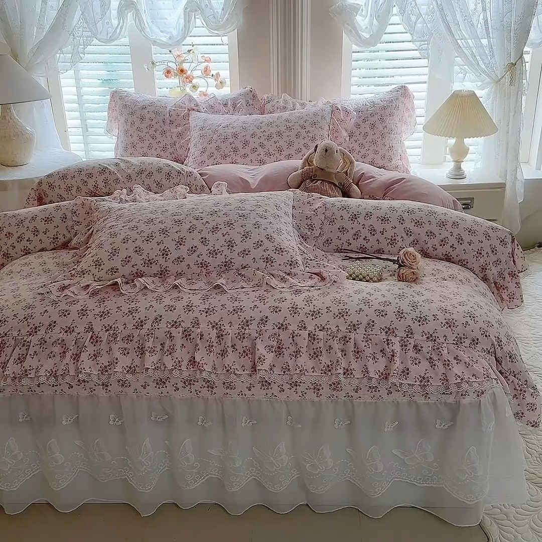 91家纺网 家纺一手货源 找家纺 苏米娜家纺 2026春夏新款超柔云朵棉古法水洗棉床盖款四件套--小清新系列 花开半夏  