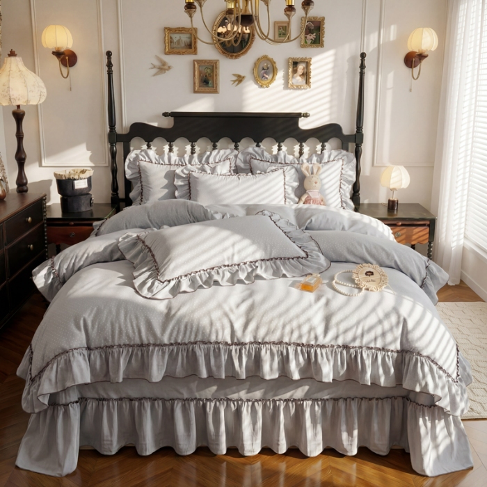 91家纺网 家纺一手货源 找家纺 （总）苏米娜2026春夏新品韩版公主风超柔水洗棉床盖四件套刺绣针织棉双层纱纯棉棉麻全棉公主风床盖款四件套