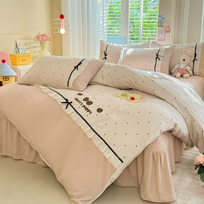 91家纺网 家纺一手货源 找家纺 漫布云家纺 2026新款春夏古法水洗棉床盖款四件套-波点系列 波点-奶咖 