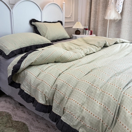 91家纺网 家纺一手货源 找家纺 （总）【苏东来】2026韩版蕾丝花边纯棉全棉双层纱四件套印花纯棉四件套法式赫本木耳花边全棉公主双层纱四件套