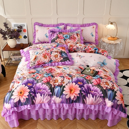 91家纺网 家纺一手货源 找家纺 （总）三友家纺 新款5D印花蕾丝花边床盖四件套（被套款 夏被款）