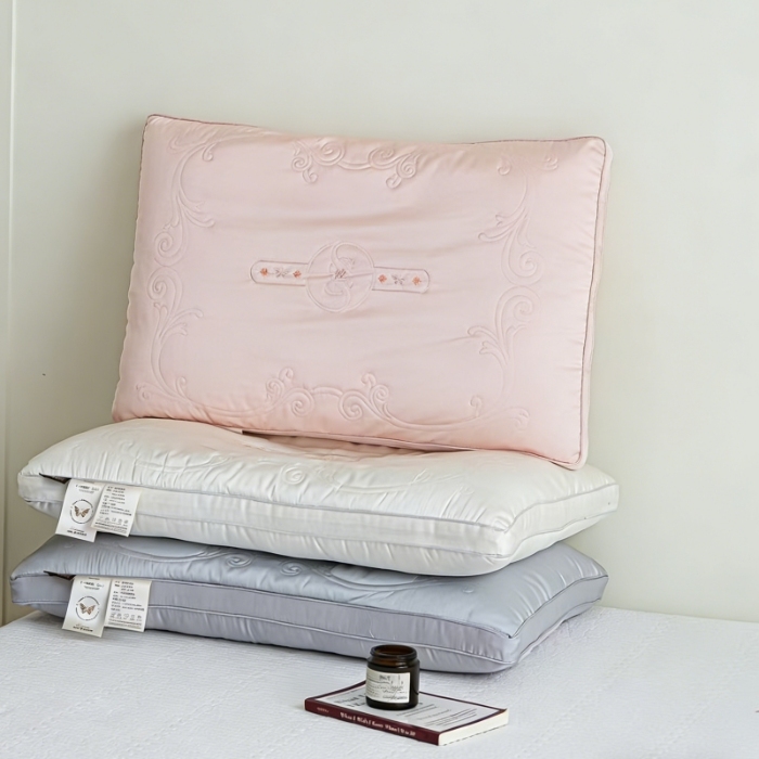 91家纺网 家纺一手货源 找家纺 （总）轻奢刺绣天丝枕头 柔软护颈助眠枕芯欧式卷草纹刺绣