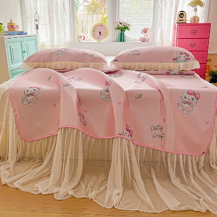 91家纺网 家纺一手货源 找家纺 （总）2026新款冰丝床裙款凉席四件套可配同款花边韩式凉感丝夏被轻奢可机洗水洗高密冰丝凉席三件套软席