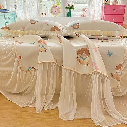 91家纺网 家纺一手货源 找家纺 （总）2026新款冰丝床裙款凉席四件套可配同款花边韩式凉感丝夏被轻奢可机洗水洗高密冰丝凉席三件套软席