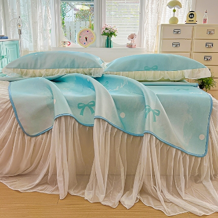 91家纺网 家纺一手货源 找家纺 （总）2026新款冰丝床裙款凉席四件套可配同款花边韩式凉感丝夏被轻奢可机洗水洗高密冰丝凉席三件套软席