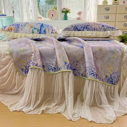 91家纺网 家纺一手货源 找家纺 （总）2026新款冰丝床裙款凉席四件套可配同款花边韩式凉感丝夏被轻奢可机洗水洗高密冰丝凉席三件套软席