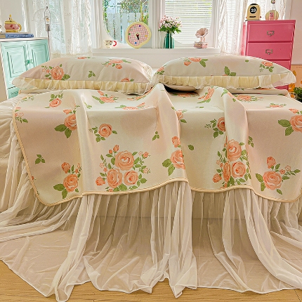 91家纺网 家纺一手货源 找家纺 （总）2026新款冰丝床裙款凉席四件套可配同款花边韩式凉感丝夏被轻奢可机洗水洗高密冰丝凉席三件套软席