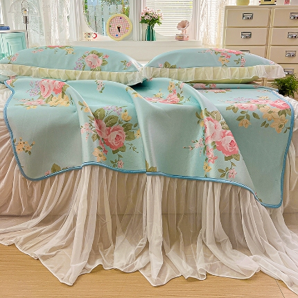 91家纺网 家纺一手货源 找家纺 （总）2026新款冰丝床裙款凉席四件套可配同款花边韩式凉感丝夏被轻奢可机洗水洗高密冰丝凉席三件套软席