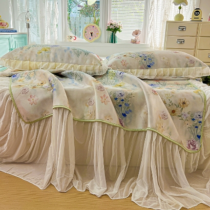 91家纺网 家纺一手货源 找家纺 （总）2026新款冰丝床裙款凉席四件套可配同款花边韩式凉感丝夏被轻奢可机洗水洗高密冰丝凉席三件套软席