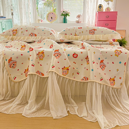 91家纺网 家纺一手货源 找家纺 （总）2026新款冰丝床裙款凉席四件套可配同款花边韩式凉感丝夏被轻奢可机洗水洗高密冰丝凉席三件套软席