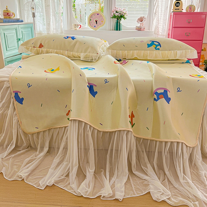 91家纺网 家纺一手货源 找家纺 （总）2026新款冰丝床裙款凉席四件套可配同款花边韩式凉感丝夏被轻奢可机洗水洗高密冰丝凉席三件套软席