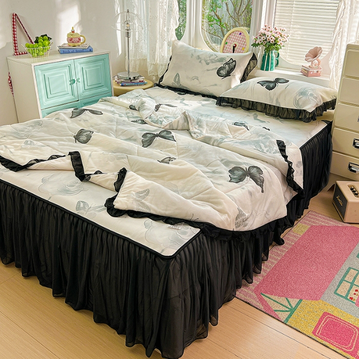 91家纺网 家纺一手货源 找家纺 （总）2026新款冰丝床裙款凉席四件套可配同款花边韩式凉感丝夏被轻奢可机洗水洗高密冰丝凉席三件套软席