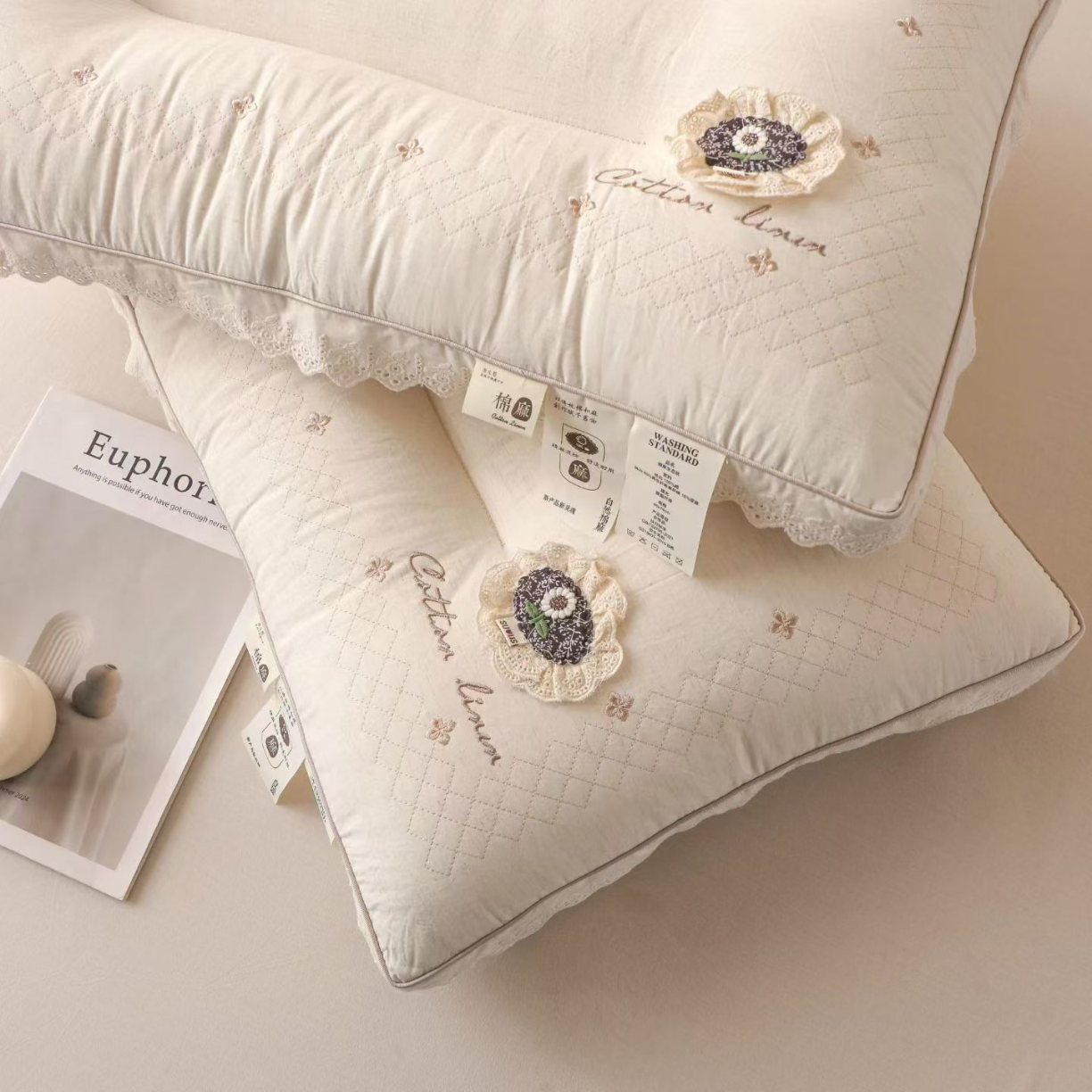 91家纺网 家纺一手货源 找家纺 （总）棉麻蕾丝护颈枕头 温柔包裹感助眠枕芯云朵触感 睡出好颈椎