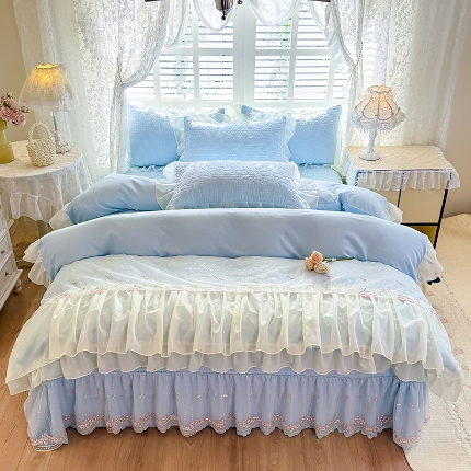 91家纺网 家纺一手货源 找家纺 （总）苏米娜2026春夏新品韩版公主风小清新水洗棉床盖四件套针织棉双层纱纯棉棉麻全棉公主风床盖款四件套