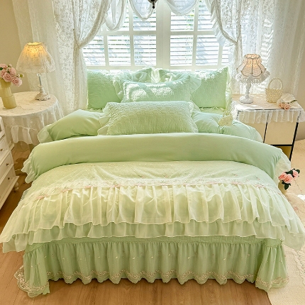 91家纺网 家纺一手货源 找家纺 （总）苏米娜2026春夏新品韩版公主风小清新水洗棉床盖四件套针织棉双层纱纯棉棉麻全棉公主风床盖款四件套