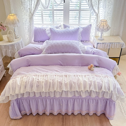 91家纺网 家纺一手货源 找家纺 （总）苏米娜2026春夏新品韩版公主风小清新水洗棉床盖四件套针织棉双层纱纯棉棉麻全棉公主风床盖款四件套