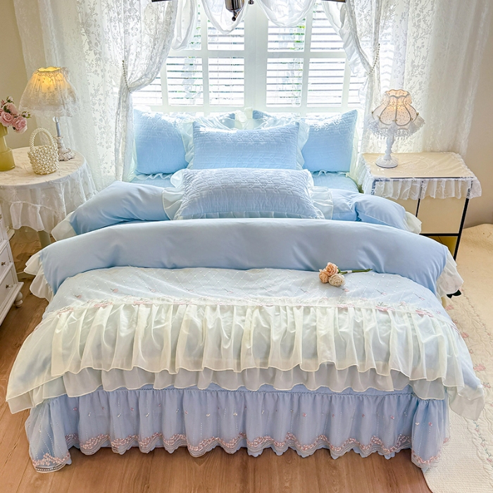 91家纺网 家纺一手货源 找家纺 （总）苏米娜2026春夏新品韩版公主风小清新水洗棉床盖四件套针织棉双层纱纯棉棉麻全棉公主风床盖款四件套