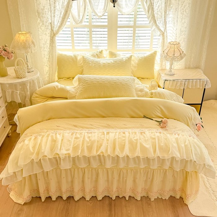 91家纺网 家纺一手货源 找家纺 （总）苏米娜2026春夏新品韩版公主风小清新水洗棉床盖四件套针织棉双层纱纯棉棉麻全棉公主风床盖款四件套