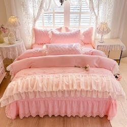 91家纺网 家纺一手货源 找家纺 （总）苏米娜2026春夏新品韩版公主风小清新水洗棉床盖四件套针织棉双层纱纯棉棉麻全棉公主风床盖款四件套,花漾甜心-樱花粉 ,花漾甜心-梦幻蓝,花漾甜心-嫩芽绿,花漾甜心-柠檬黄 ,花漾甜心-香芋紫