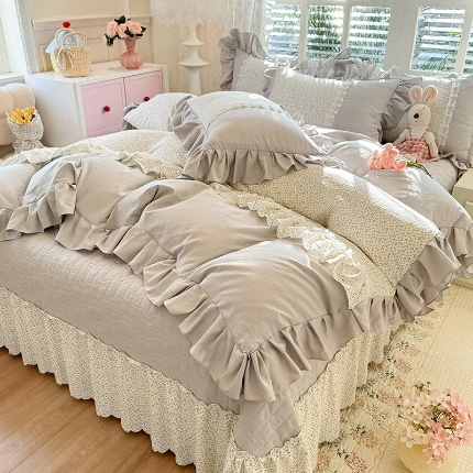 91家纺网 家纺一手货源 找家纺 A类水洗棉麻双层纱床盖夏被四件套夹棉床裙款蕾丝花边纯棉全棉床盖直播供货