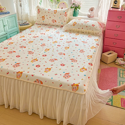 91家纺网 家纺一手货源 找家纺 （总）2026新款花边床裙款冰丝凉席套件配凉感丝同款夏被四件套可机洗软席三件套