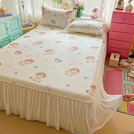 91家纺网 家纺一手货源 找家纺 （总）2026新款花边床裙款冰丝凉席套件配凉感丝同款夏被四件套可机洗软席三件套