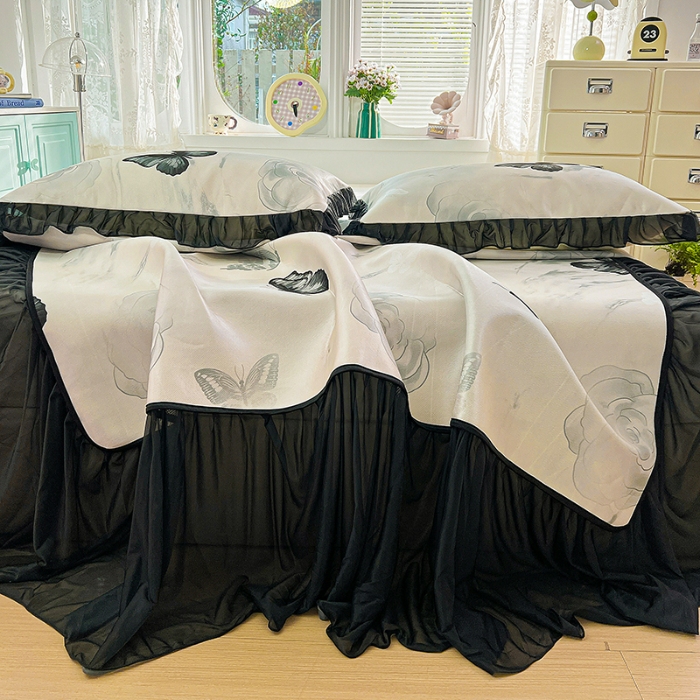 91家纺网 家纺一手货源 找家纺 （总）2026新款花边床裙款冰丝凉席套件配凉感丝同款夏被四件套可机洗软席三件套