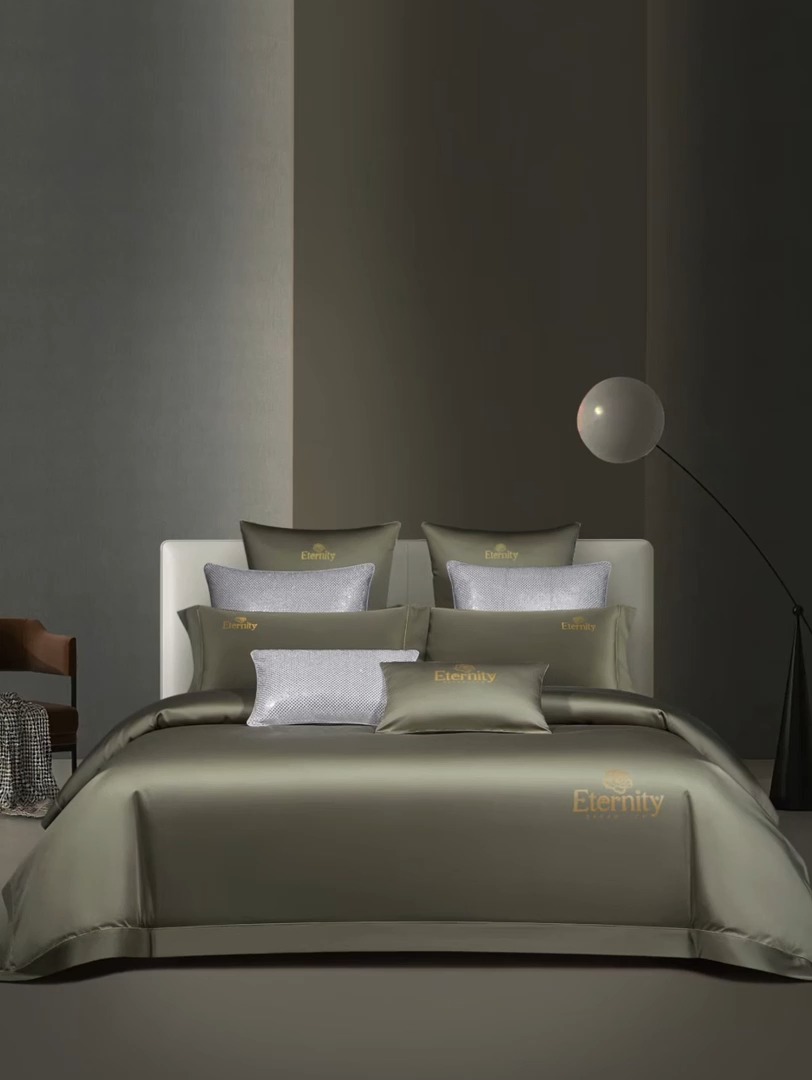 91家纺网 家纺一手货源 找家纺 100支皇妃缎100%全棉烫片纯色四件套长绒棉 永恒橄榄绿