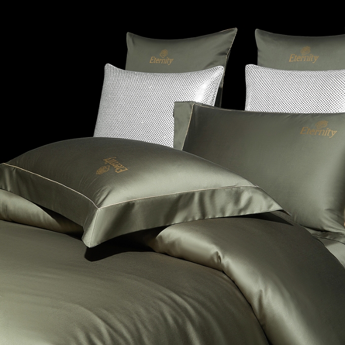 91家纺网 家纺一手货源 找家纺 100支皇妃缎100%全棉烫片纯色四件套长绒棉 永恒橄榄绿