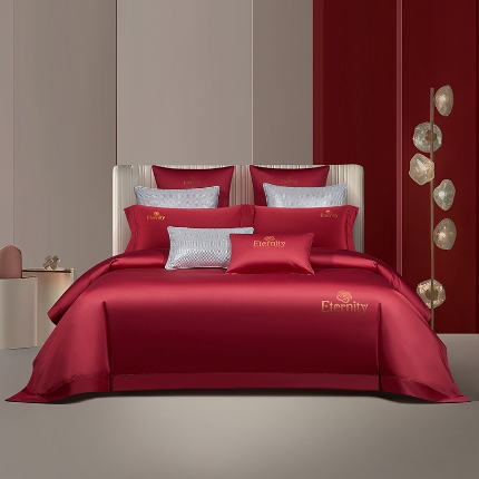 100支皇妃缎100%全棉烫片纯色四件套长绒棉 永恒酒红