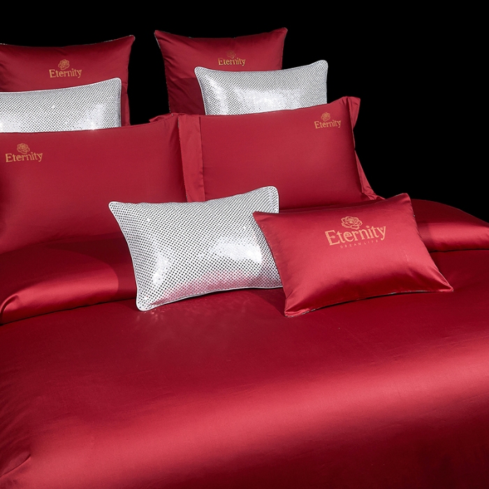 91家纺网 家纺一手货源 找家纺 100支皇妃缎100%全棉烫片纯色四件套长绒棉 永恒酒红