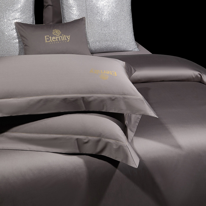 91家纺网 家纺一手货源 找家纺 100支皇妃缎100%全棉烫片纯色四件套长绒棉 永恒咖灰