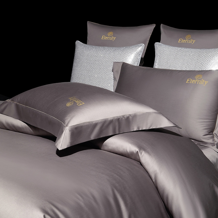 91家纺网 家纺一手货源 找家纺 100支皇妃缎100%全棉烫片纯色四件套长绒棉 永恒咖灰