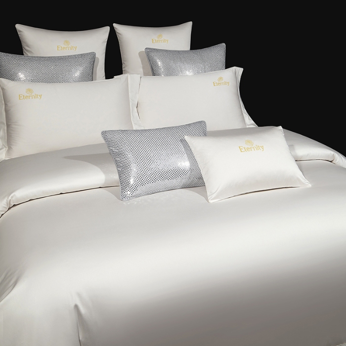 91家纺网 家纺一手货源 找家纺 100支皇妃缎100%全棉烫片纯色四件套长绒棉 永恒米白