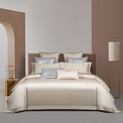 100支皇妃缎100%全棉烫片纯色四件套长绒棉 永恒米驼