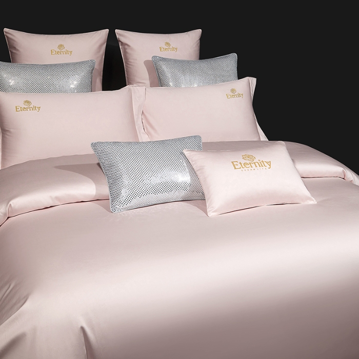 91家纺网 家纺一手货源 找家纺 100支皇妃缎100%全棉烫片纯色四件套长绒棉 永恒玉粉